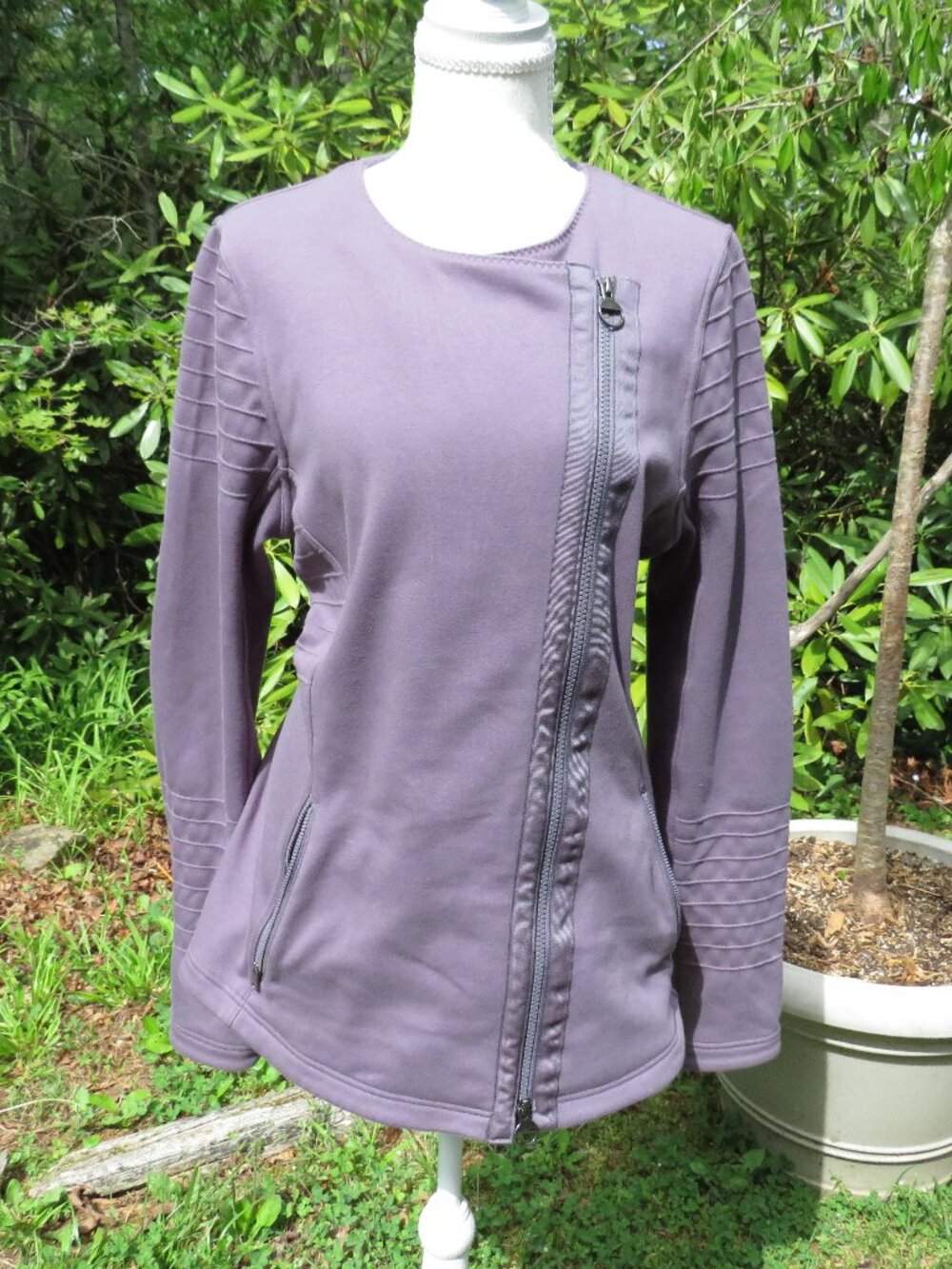 Athleta Wool‑Blend Asymmetrical Zip Jacket – Purple Fleece Moto Style, Size L